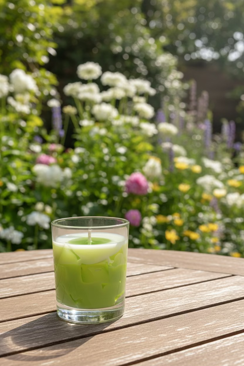 Vela artesanal cera de soja fragancia iced matcha latte con nube de coco